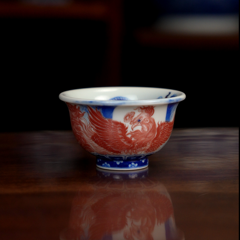 自成堂柴窑青花釉里红龙凤压手杯外凤内龙主人杯茶杯个人送礼佳品