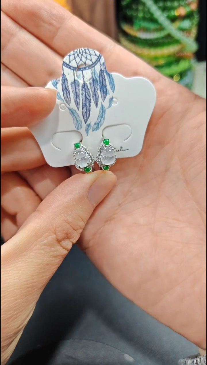 银S925镶嵌翡翠耳饰翡翠耳饰S925银镶嵌