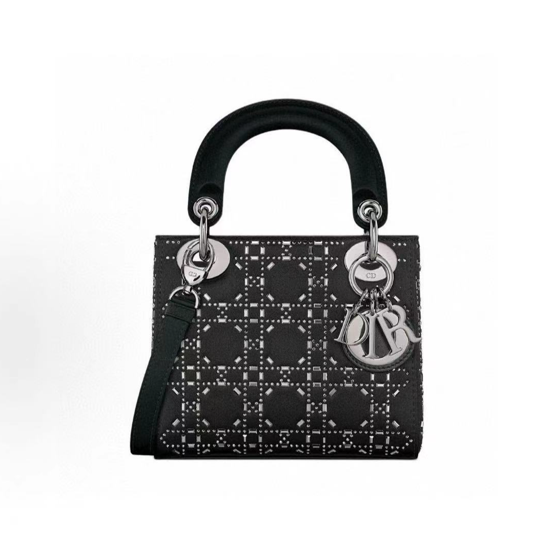 99新 DIOR/迪奥 黑银绸缎水钻三格戴妃包 