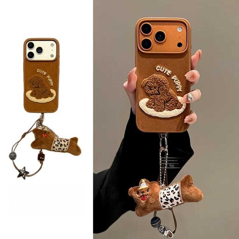 趣味棕底绒布刺绣坐毯子泰迪适用iPhone17pro手机壳苹果16pro新15