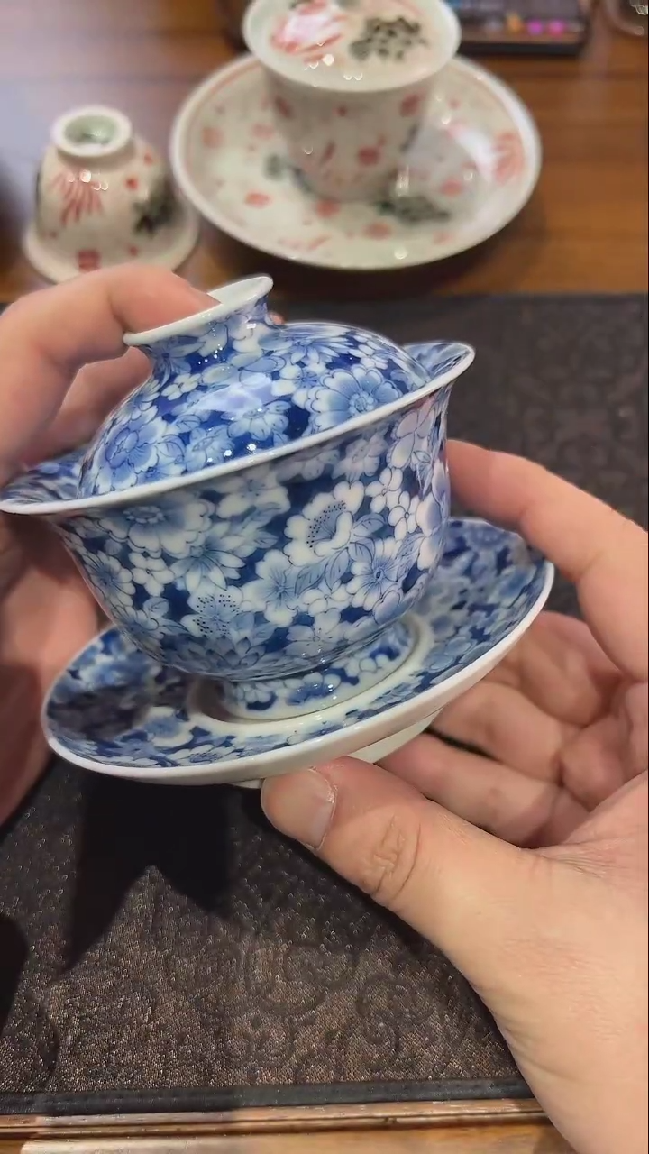 【闪购商品】陶瓷青花柴窑万花三才盖碗（瑕）