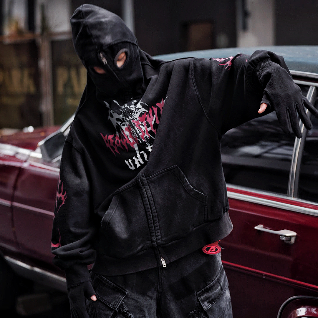 手套可卸【反派】重工涂鸦卫衣拼接重磅满涂鸦宽松高街男女款嘻哈