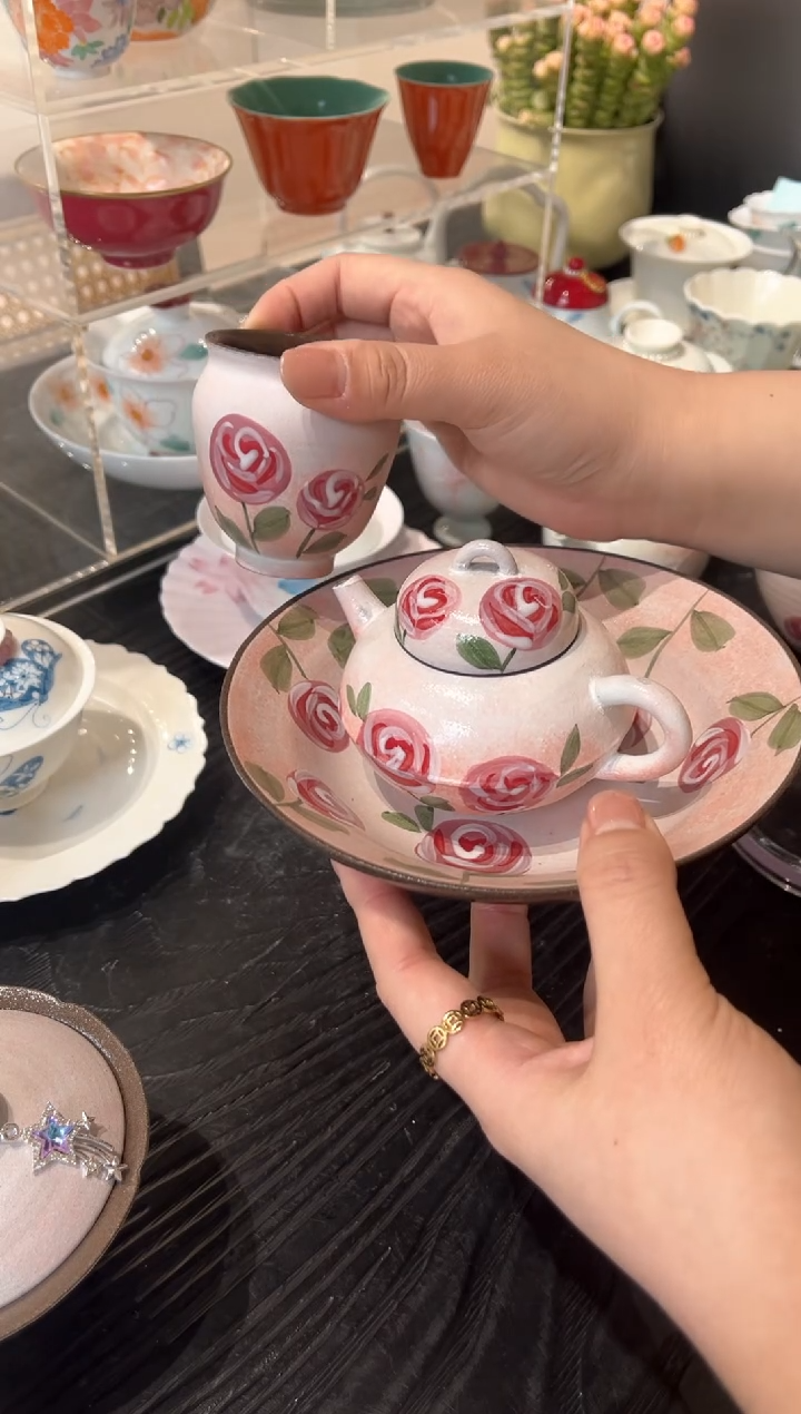 【闪购商品】粉引 般红玫瑰 泡茶壶+茶杯+壶承