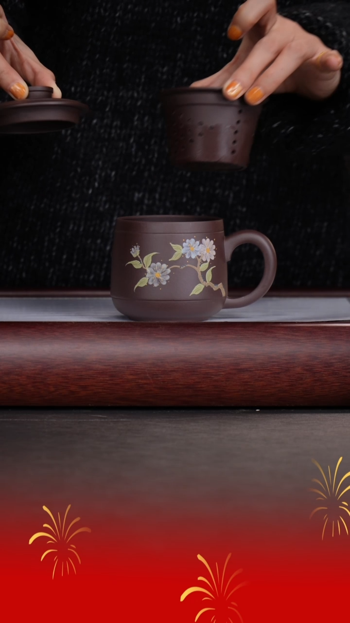 【闪购商品】紫砂茶杯泥绘盖杯