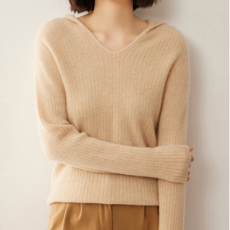 白家【100羊毛】抽条帽衫简约时尚感宽松连帽上衣07-329