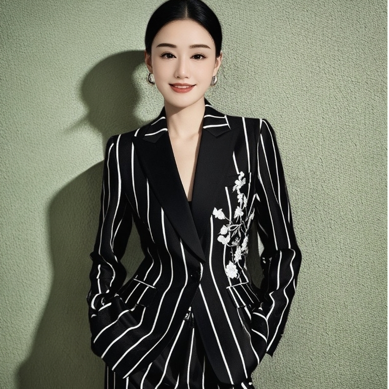 25973竖条纹长袖正装套装气质修身商务女神范设计师款