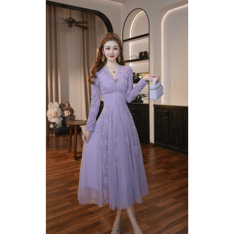 【晚晚定制】法式显瘦V领长袖轻熟风拼接气质连衣裙22030