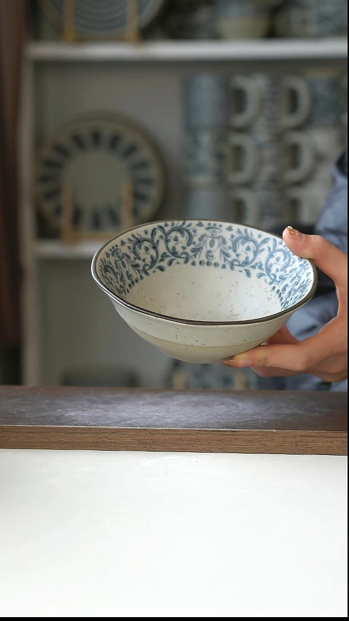 陶粗陶手绘鸢尾花早餐碗14.5cm@7-7@