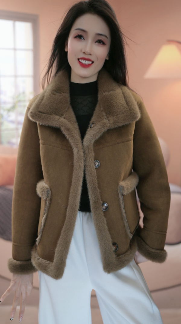 2025冬季新款百搭保暖女装翻领加绒加厚毛毛一体外套女