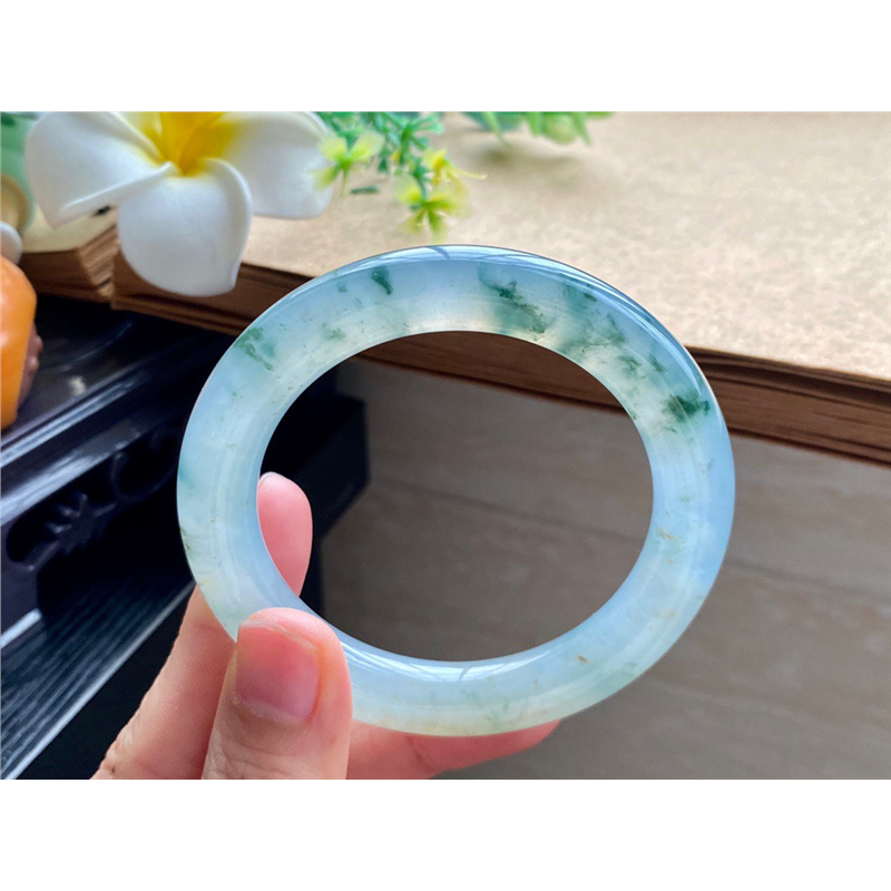 0911批7936号52.4-10冰飘花圆条泼墨山水意境镯 天然翡翠手镯