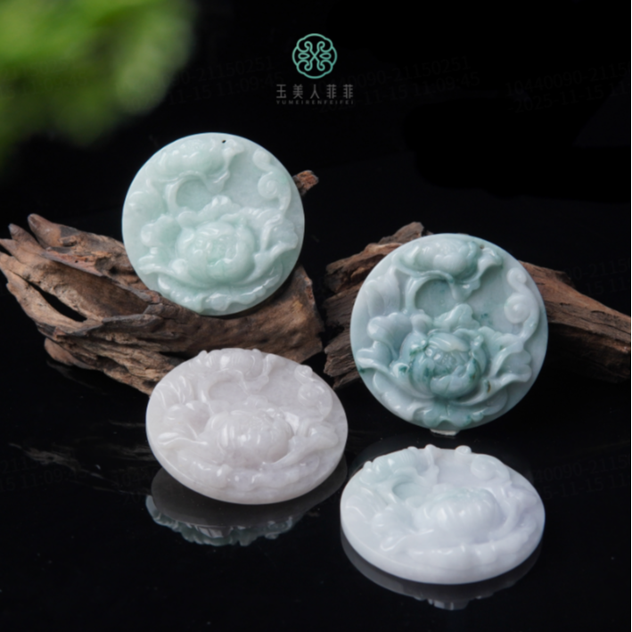 石惑珠宝%翡翠圆牌牡丹花吊坠约54mm%多样性发一