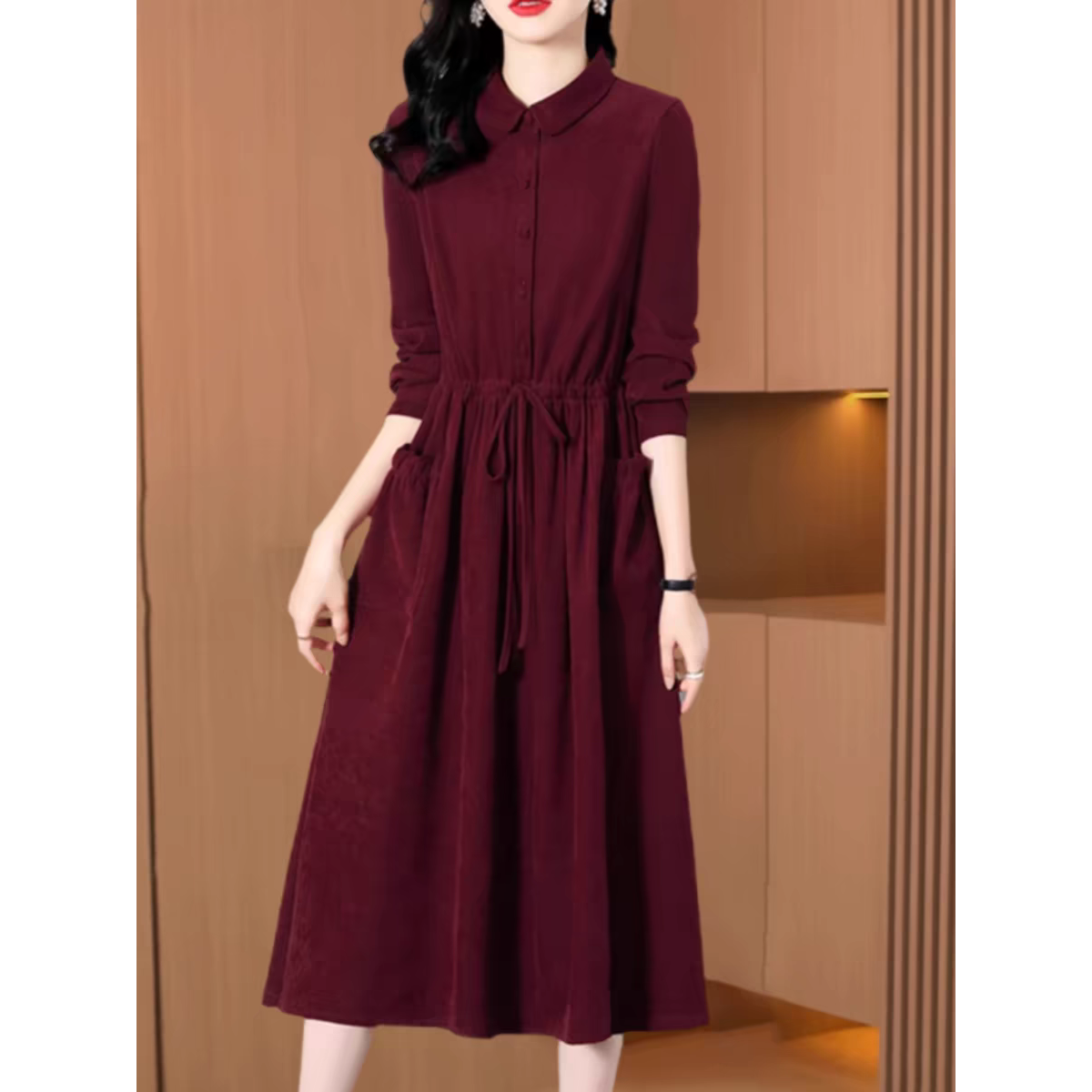 安格拉红高端棉连衣裙女2025秋冬新款复古文艺收腰显瘦气质名媛裙