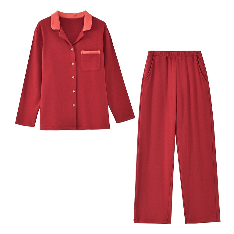 长袖中年家居服套装加厚加绒睡衣秋季简约红色纯色97092