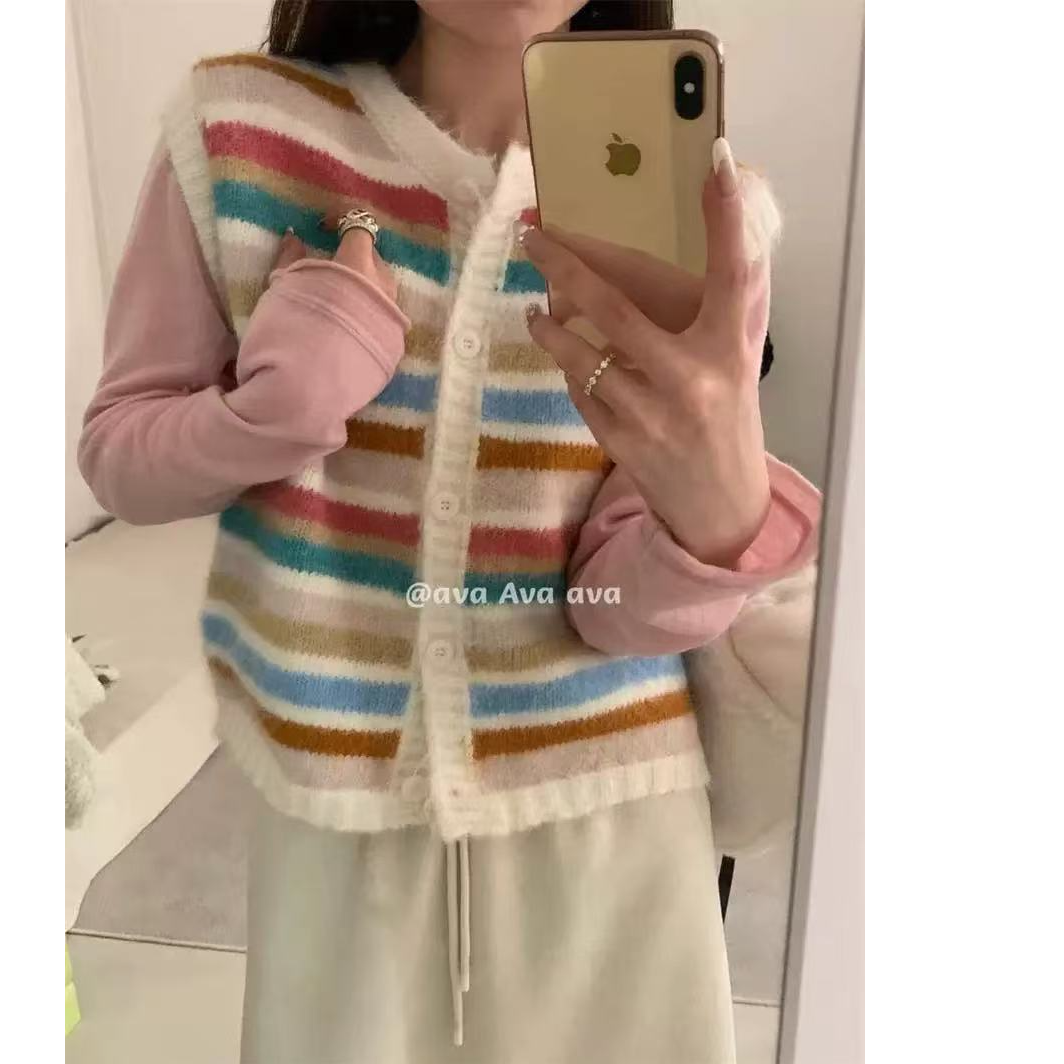 【运费补贴】彩色条纹毛衣马甲开衫女秋冬法式叠穿针织背心坎肩
