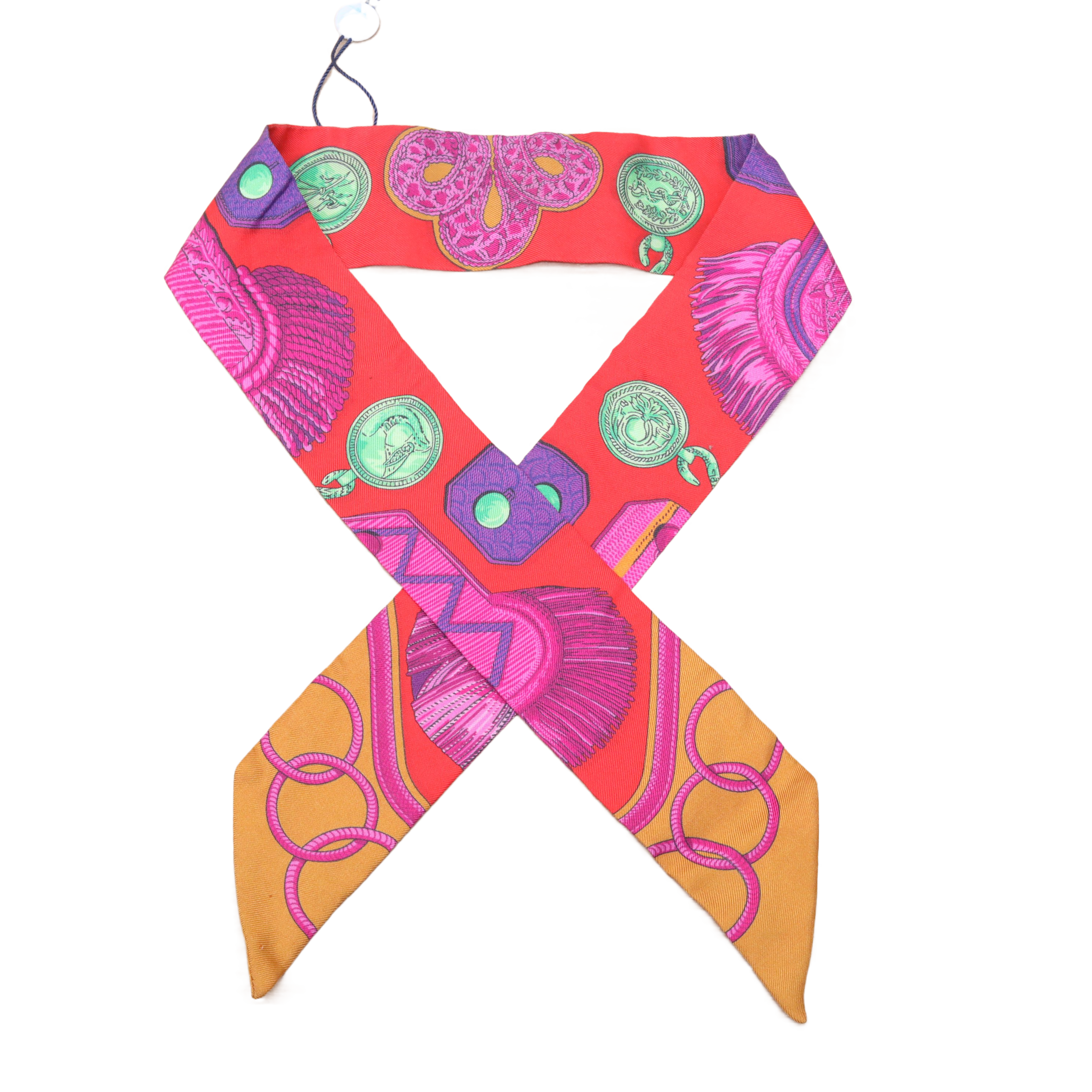 99新 Hermes/爱马仕 汤/P205437916/拼色丝绸 twilly绑带丝巾