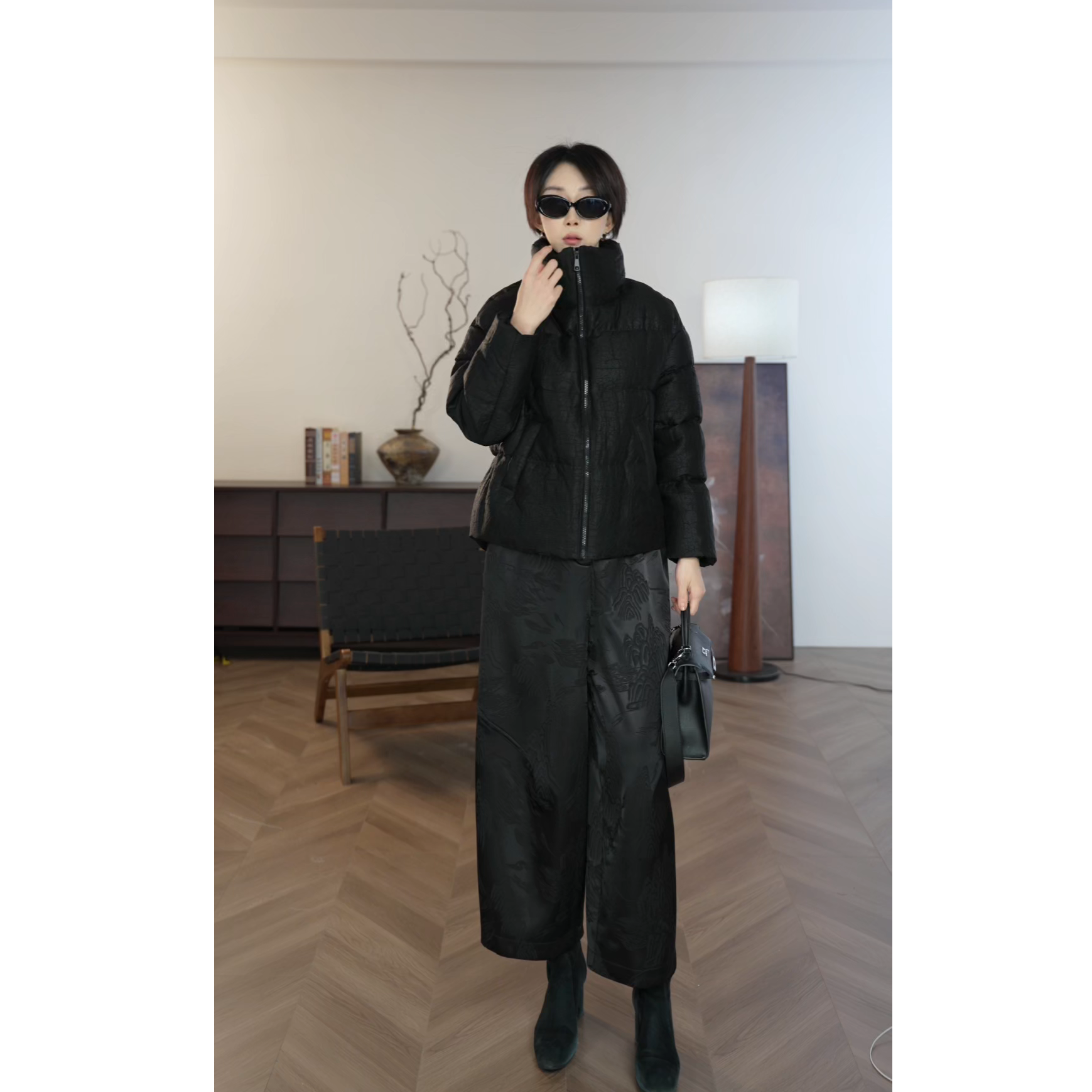 九儿家香云纱国风新中式90白鹅绒羽绒服女装立领高级感短款冬季