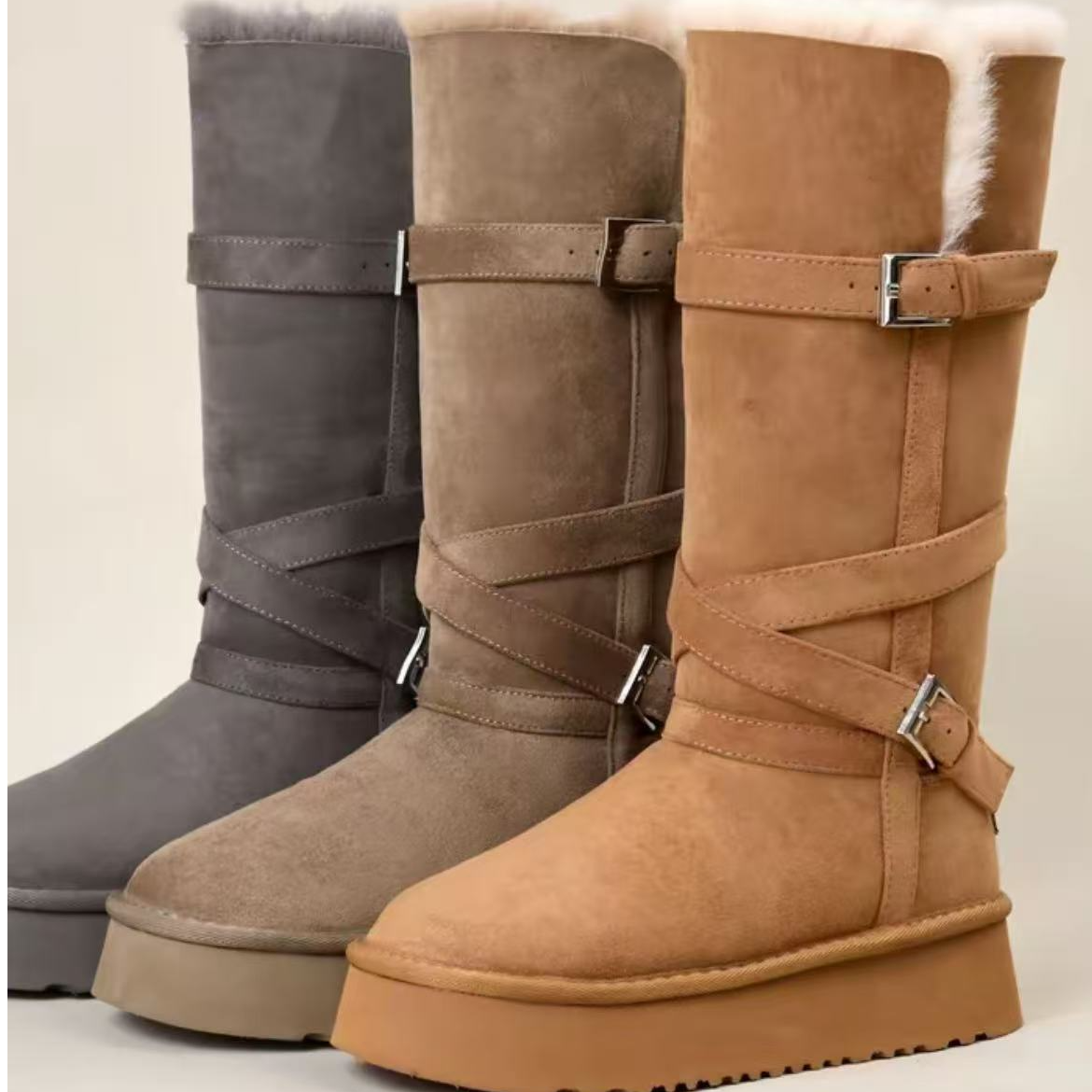 【小振】女士厚底加绒冬季女士木扣雪地靴高筒时尚雪地靴