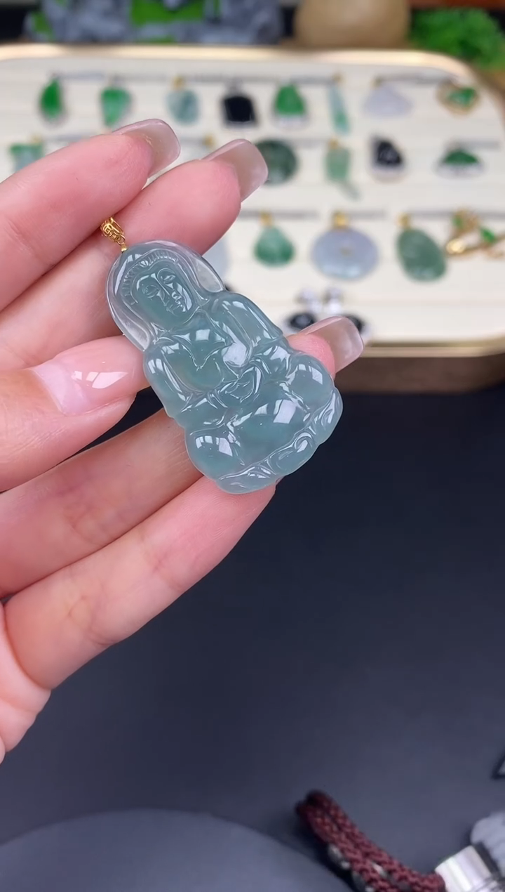 吊坠(不含链)18K金镶嵌翡翠观音18K金扣镶嵌@@CMT