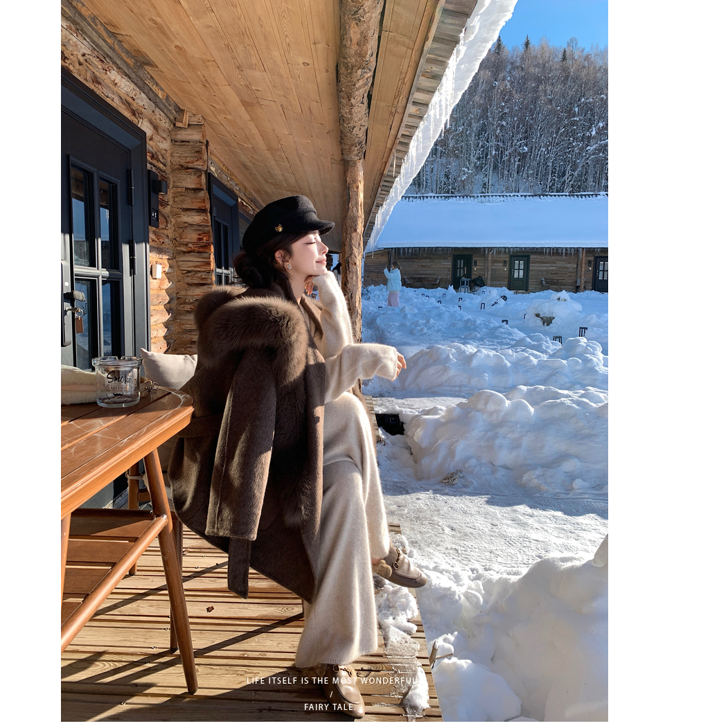 “雪山大衣”丝羊毛驼绒牦牛绒双面呢+狐狸大毛领 海军领大衣外套