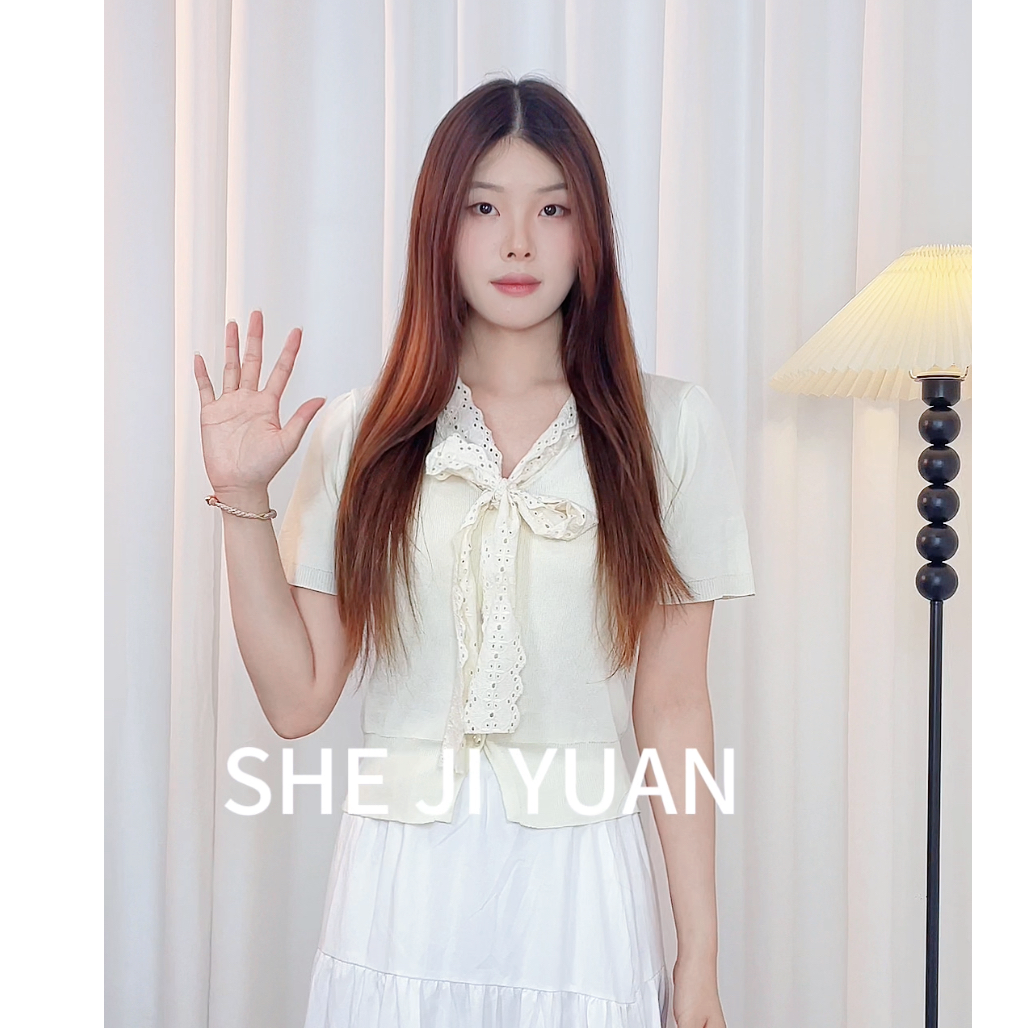 SHEJIYUAN春夏季新款蕾丝绑带蝴蝶结短袖针织衫女夏薄款小众别致