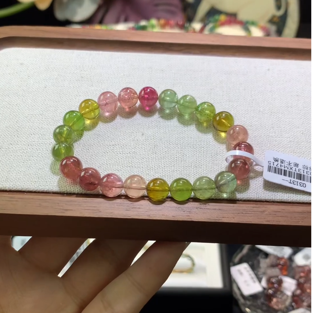 天然巴西老矿清透碧玺彩虹单圈手串/4715