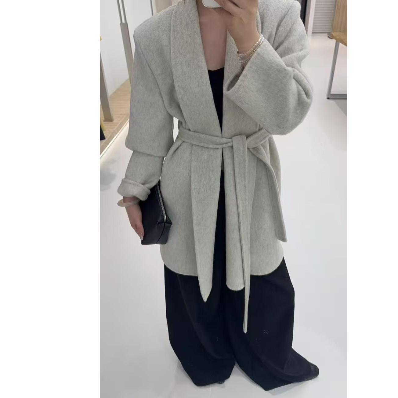 时尚纯色系带翻领长袖长款女女装百搭毛呢外套秋冬短款