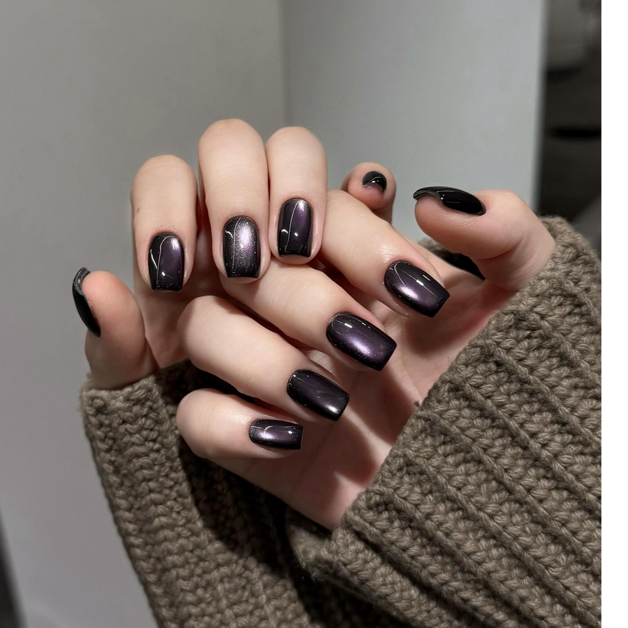 【黑加仑】海棠玻璃珠紫色猫眼手工穿戴甲简约显白短款美甲新款高级