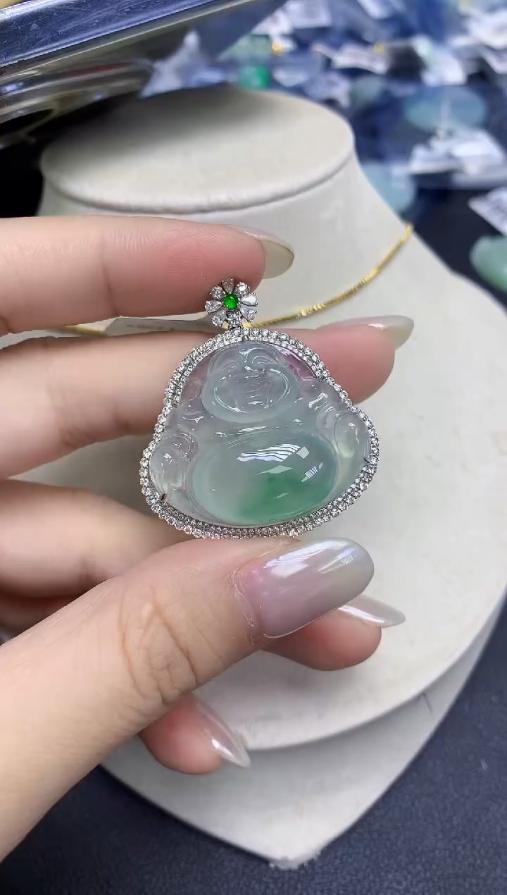 颈饰18K金镶嵌翡翠天然缅甸翡翠A货百元以上9元证书费自理