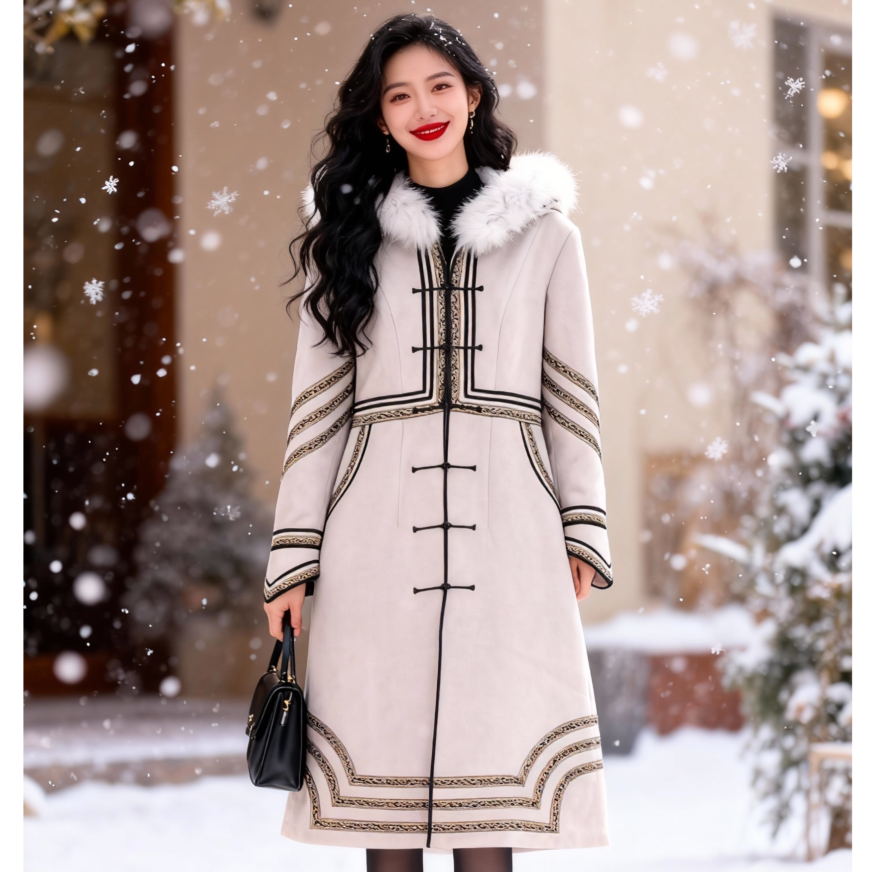 龙典祥加厚常规款中长款中国风麂皮绒女装厚款连帽