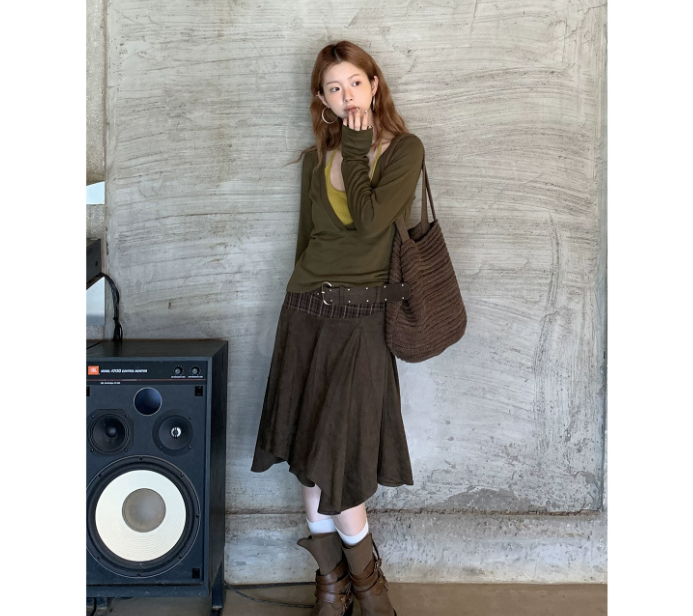 2025新款拼接格子仿麂皮绒半身裙