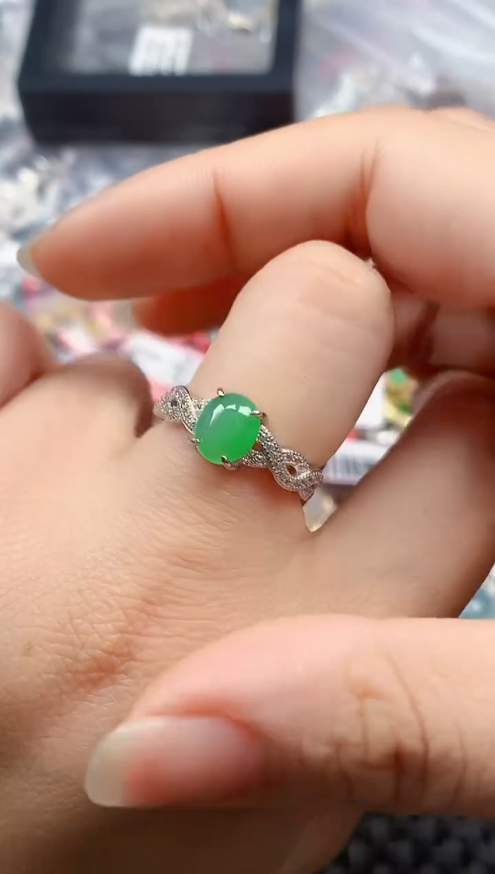 银S925镶嵌戒指翡翠天然A货缅甸翡翠