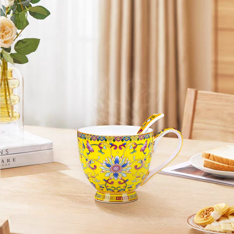 景德镇珐琅彩骨瓷马克杯中式轻奢酸奶杯牛奶杯办公杯咖啡杯早餐杯