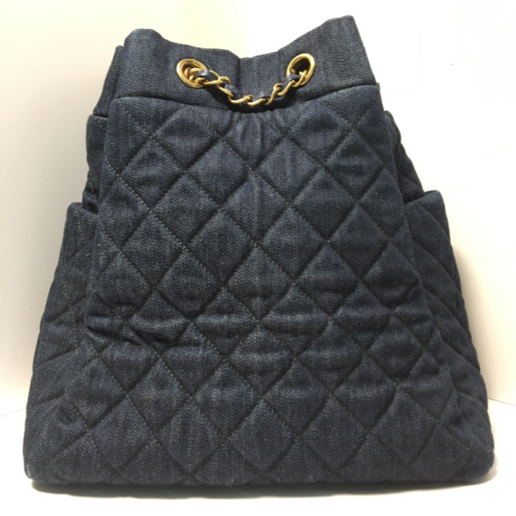 95新 Chanel/香奈儿 小花双双 蓝色 牛仔 22开 抽绳水桶包