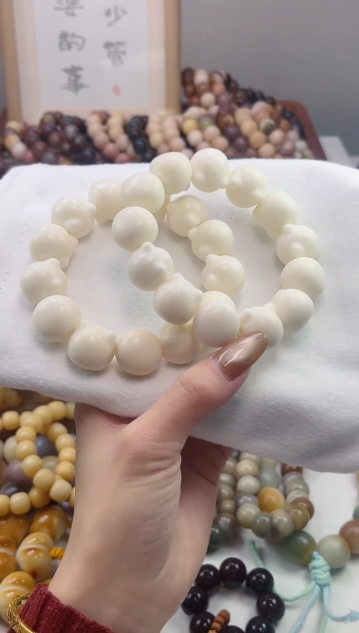 手串菩提根/象牙果沐b08干磨瓷白猫猫头20mm手串瑕疵不补