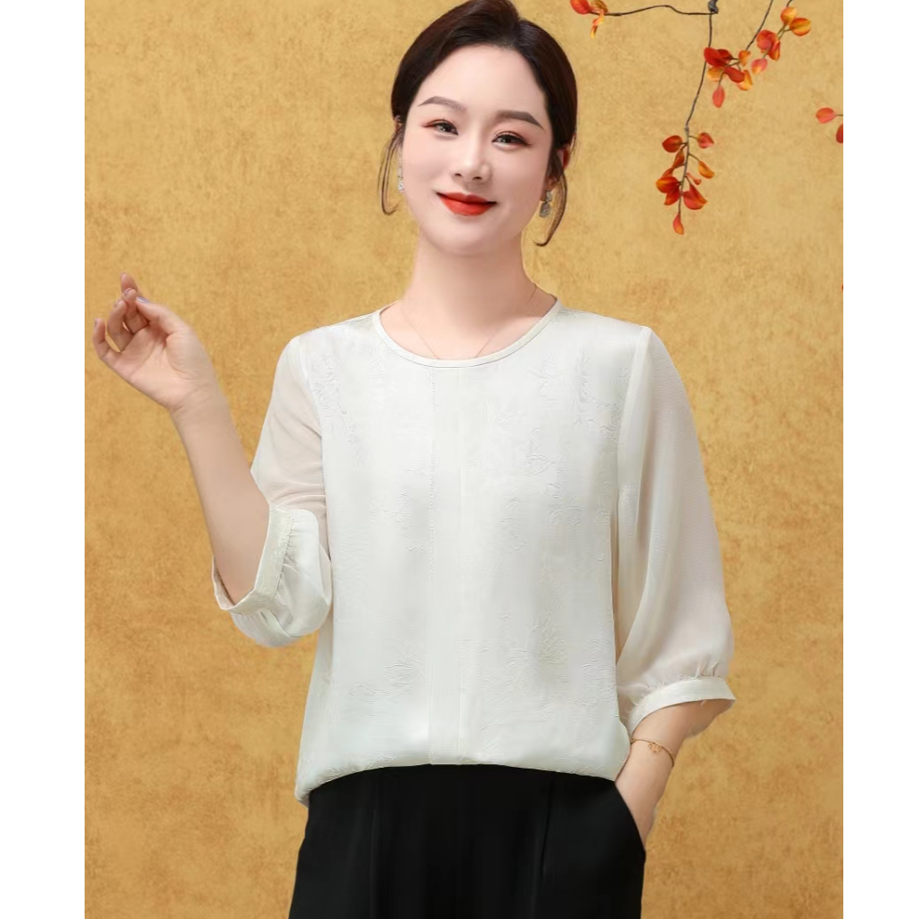 LX5559（聚水潭）七分袖薄款宽松型通勤泡泡袖宽松夏季圆领中国风