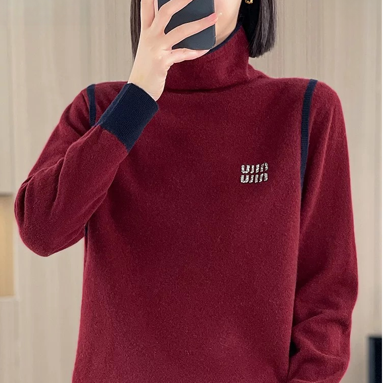 黛妍1927冬季新款100%羊毛百搭时尚女款经典堆堆领打底针织上衣