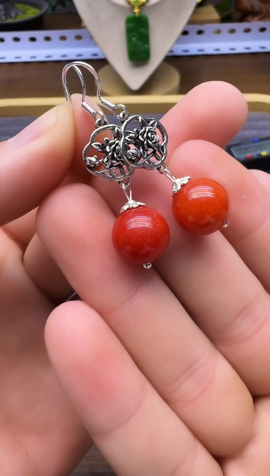 银S925镶嵌翡翠耳饰E84       