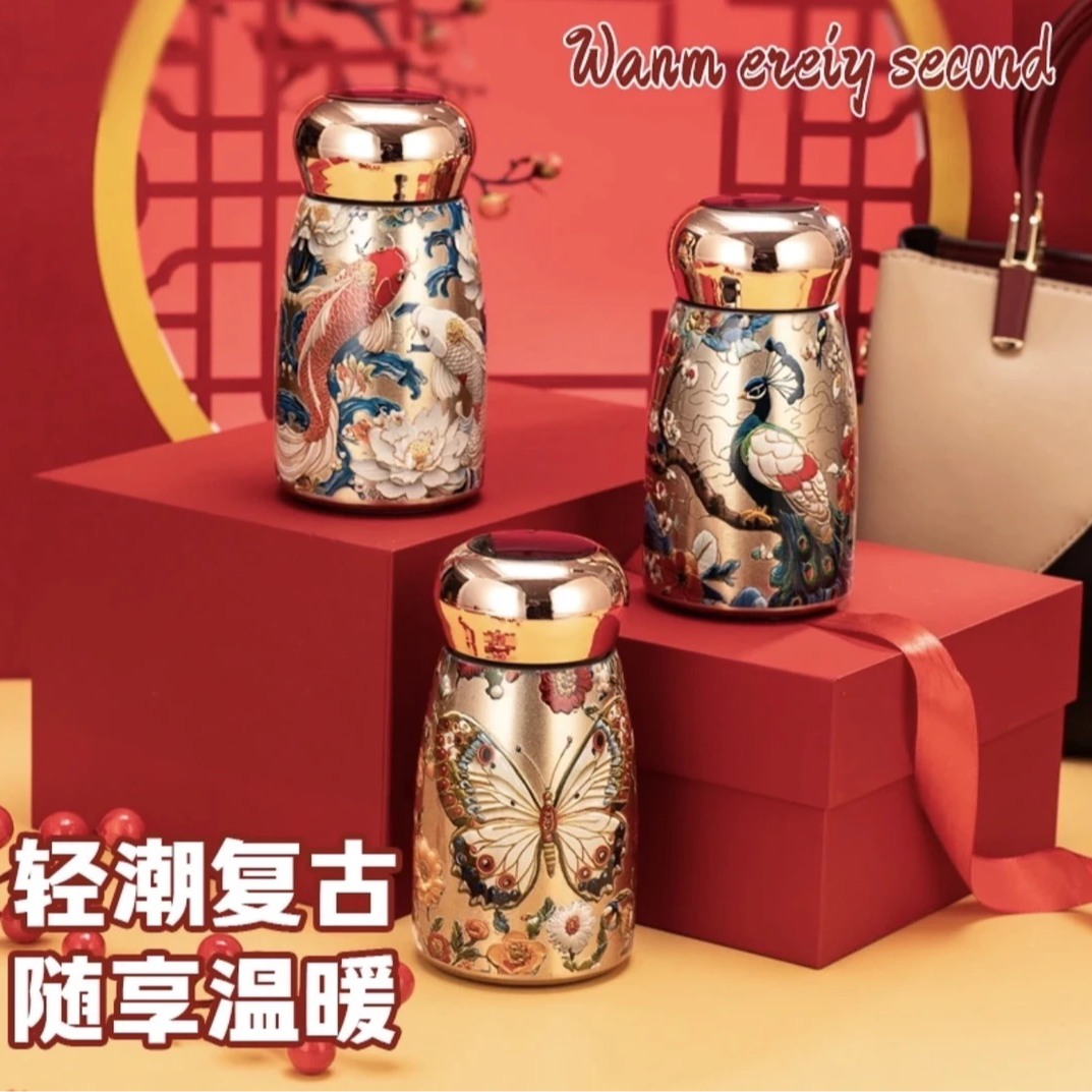 手绘国风迷你显温316不锈钢加厚保温杯男女通用高颜值泡茶水杯子
