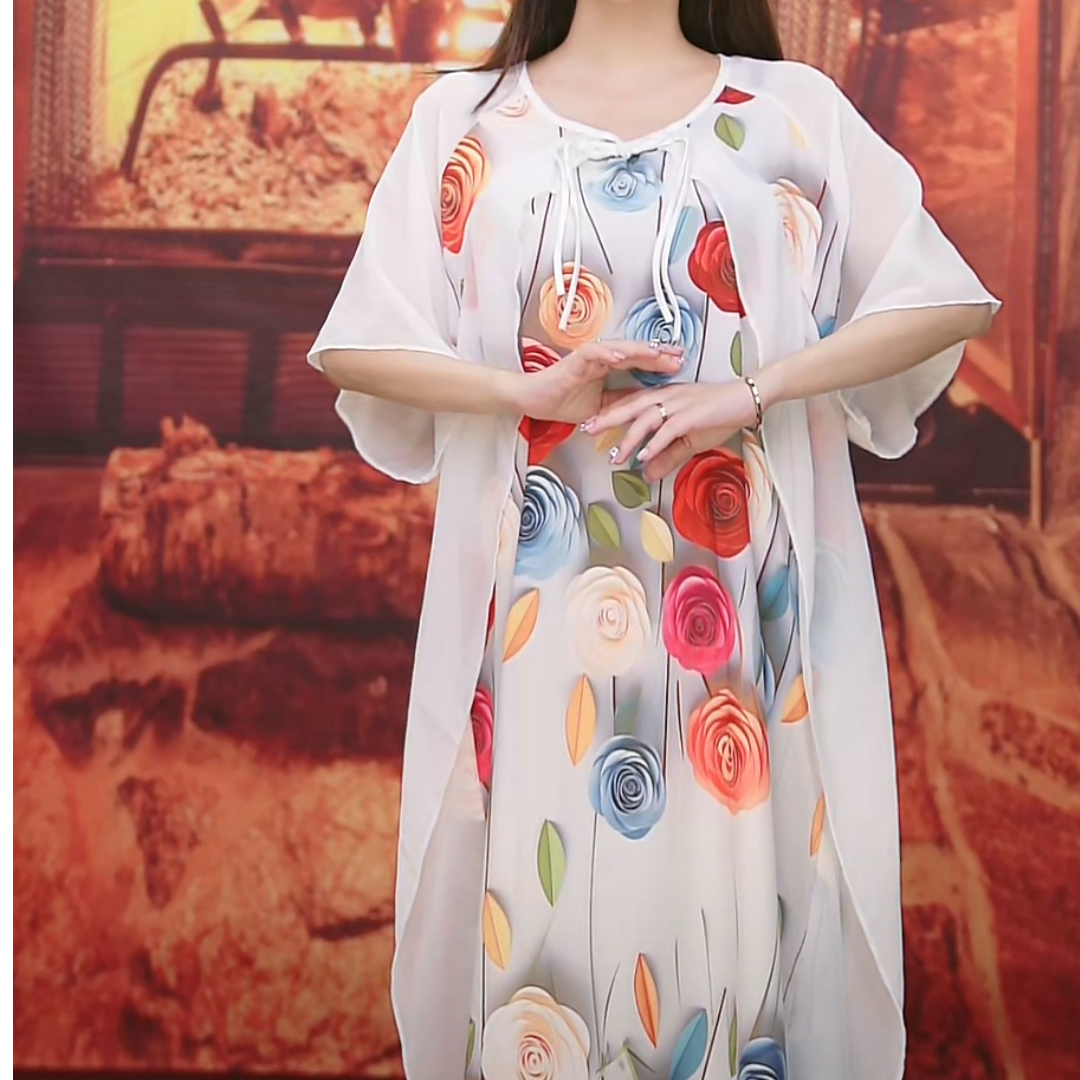夏季立体3D气质休闲女士长款显瘦圆领优雅长裙白色