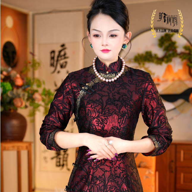旷美旗韵立领复古风中国风常规袖滚边旗袍秋冬春秋冬款中长款蕾丝