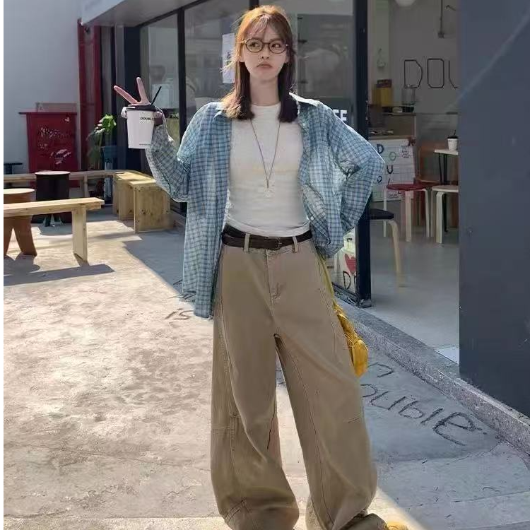 美式高街卡其色直筒牛仔裤女春季高腰宽松设计感时尚百搭三件套