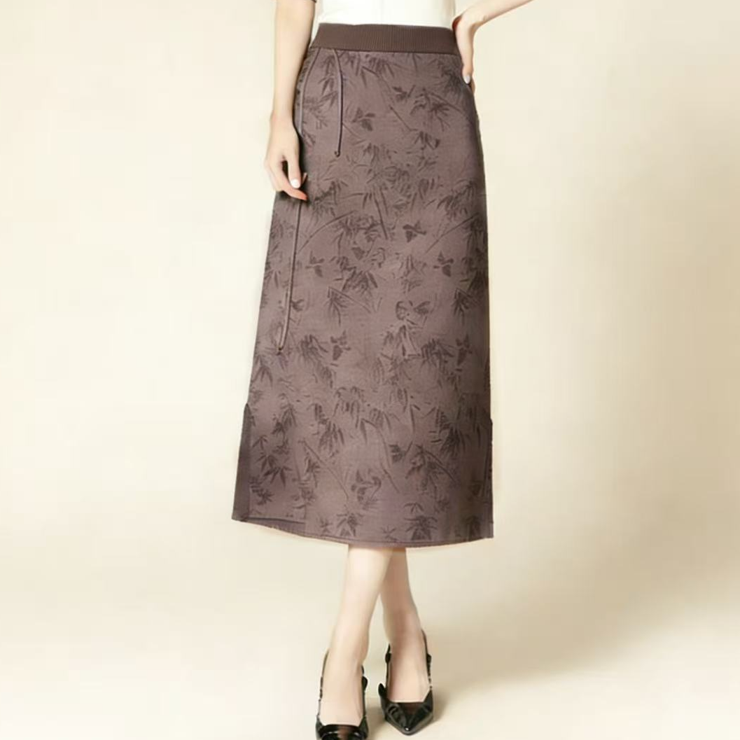 9292-新中式针织半身裙（竹子咖色）