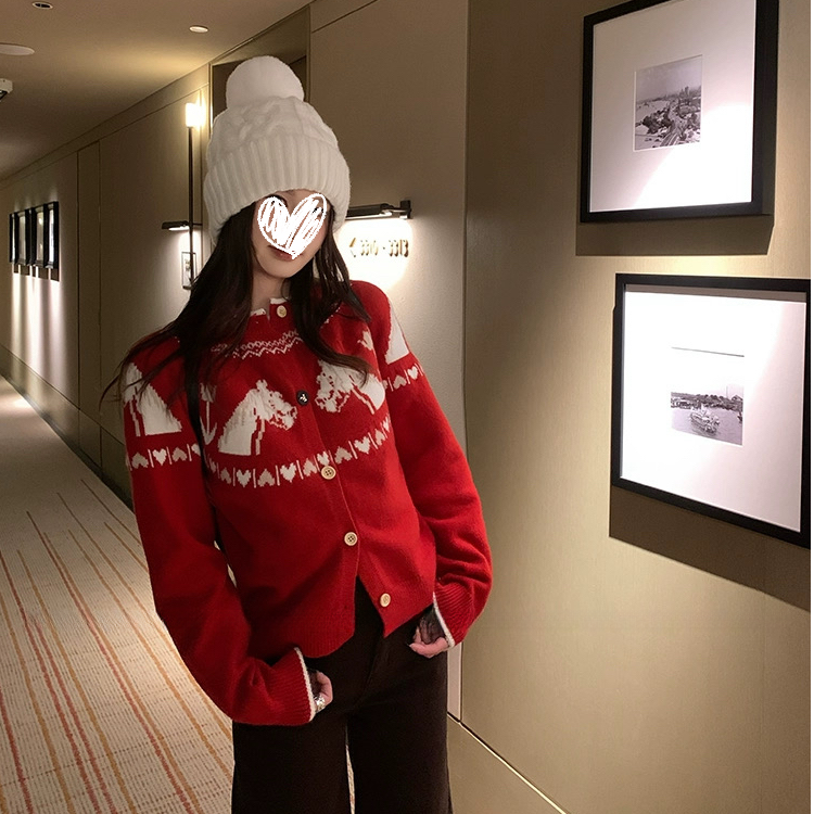 凤梨妹妹费尔岛小马爱心甜酷修身红色针织衫毛衣上衣外套