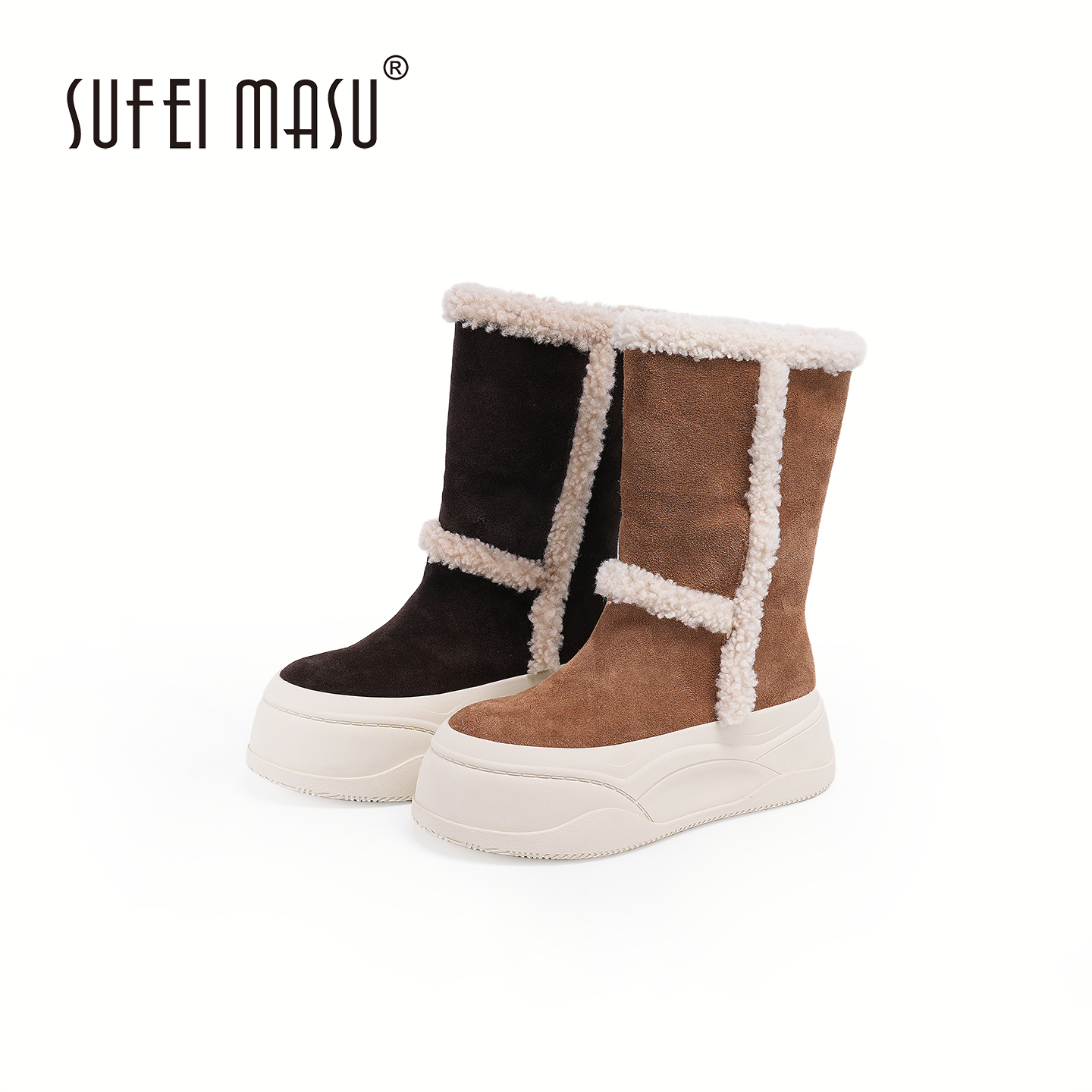 苏菲玛素皮毛一体厚底真皮雪地靴加绒保暖加厚中冬季筒女靴85829