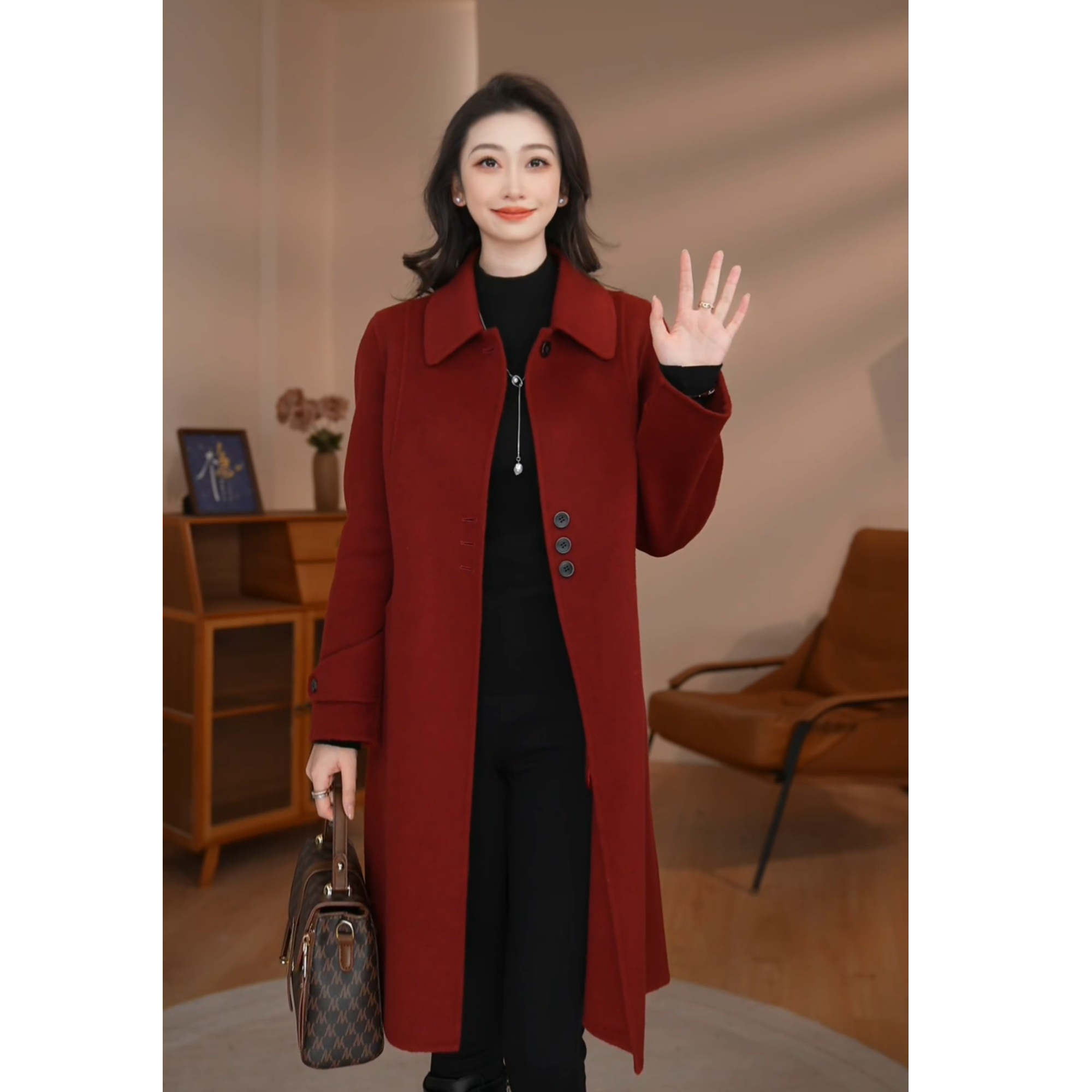 【曼贝】车厘子红外套百搭女士羊绒绵羊毛中长款大衣8584051A【甜甜】