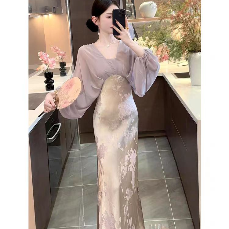 539#现新中式国风紫色假两件连衣裙女新款高级感气质收腰长裙