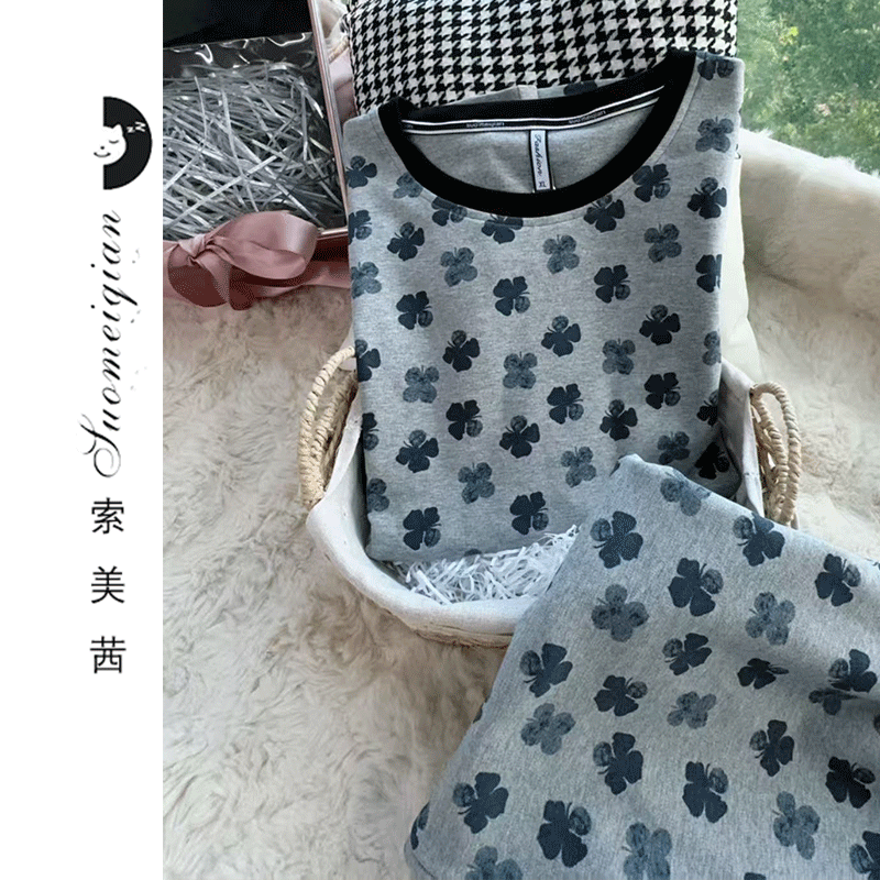 胸垫版睡衣女夏款纯棉短袖七分裤外穿家居服（韩系蓝小花七分裤）