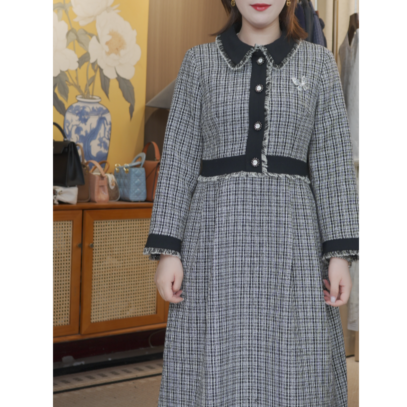 POLO领拉毛黑白配色小香衬衫裙秋冬新款优雅显瘦连衣裙（有内衬）