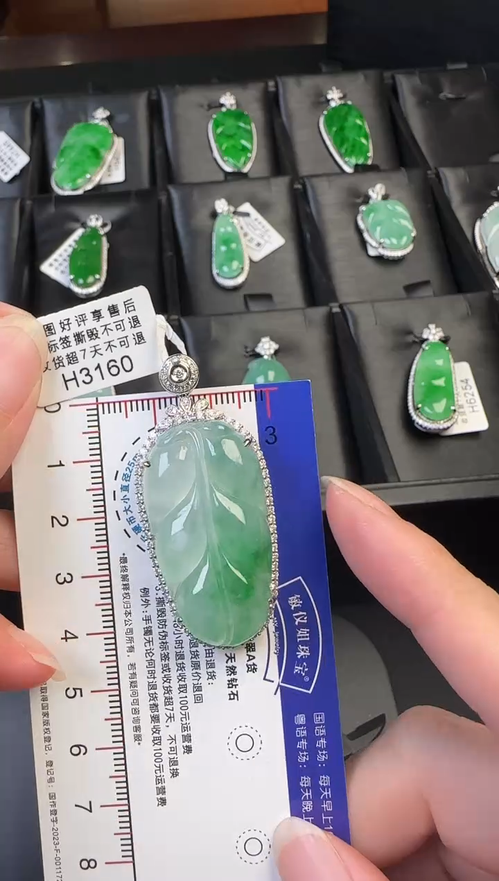 翡翠18K金镶嵌颈饰H3160冰绿叶子