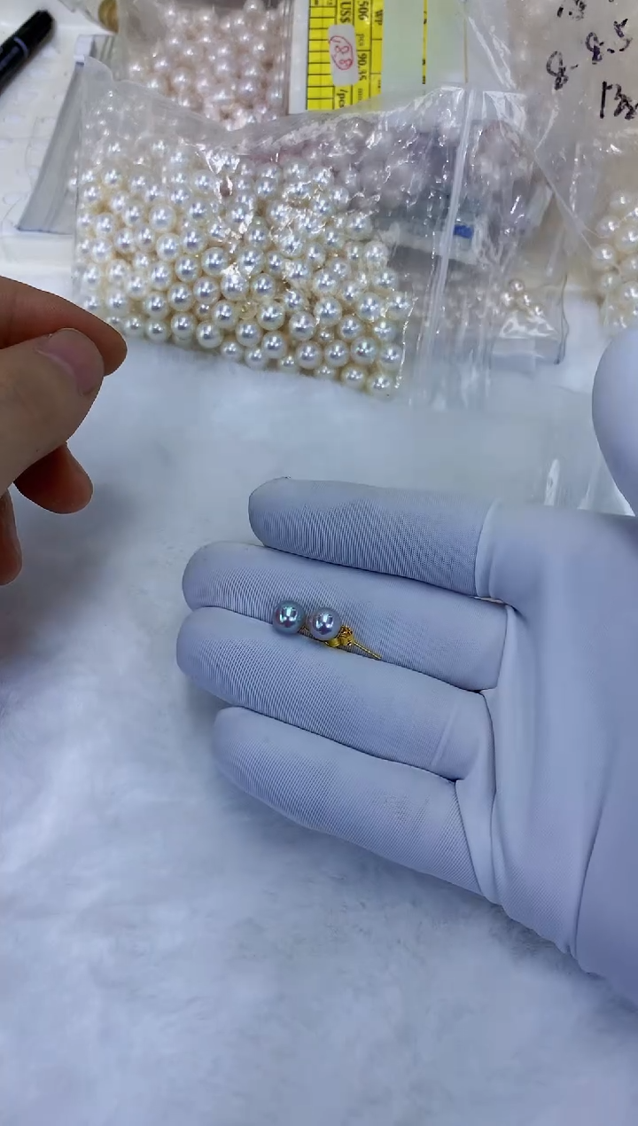 18K金镶嵌饰品海水珍珠6-7真多麻色素钉定制
